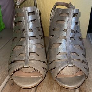 Metallic shoe with leather upper and Wood heel with a side zipper